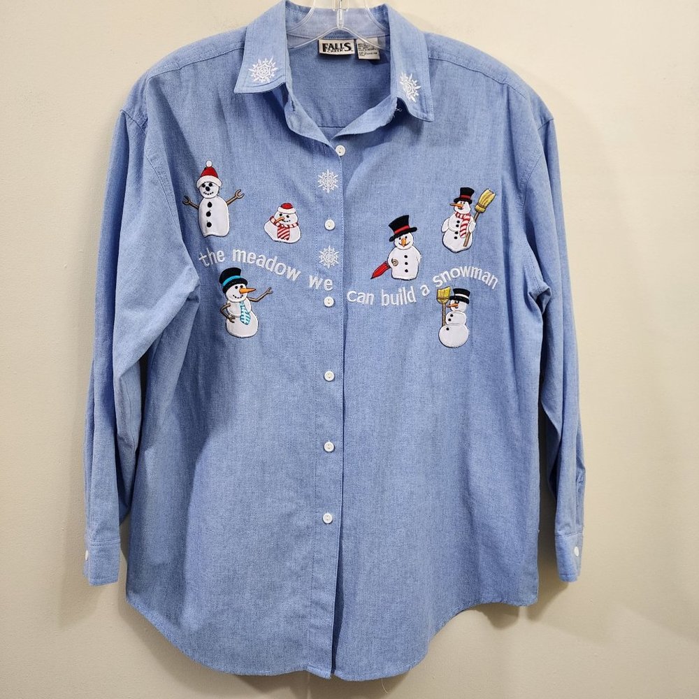 Vintage Falls‎ Creek embroidered Snowman button up jean shirt woman's size large